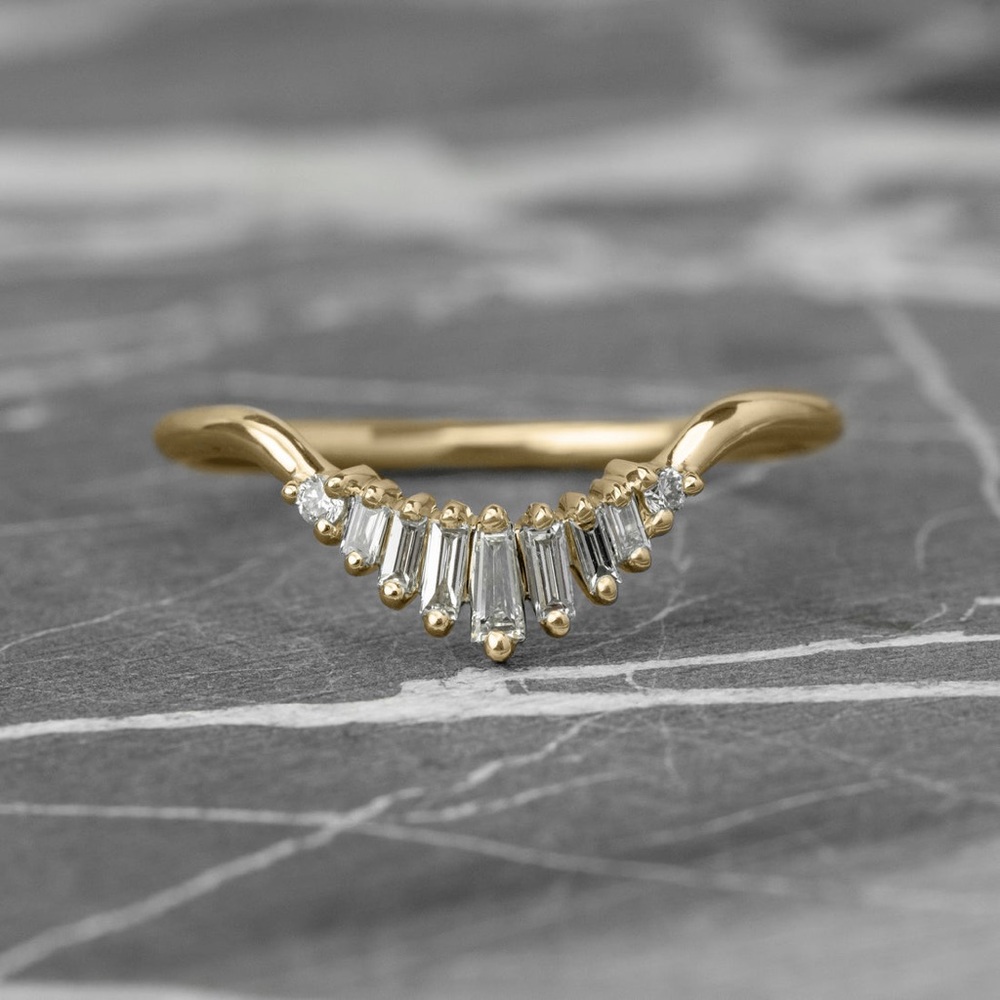 Point No Point Wren White Baguette Diamond Wedding Band, 14k Yellow Gold